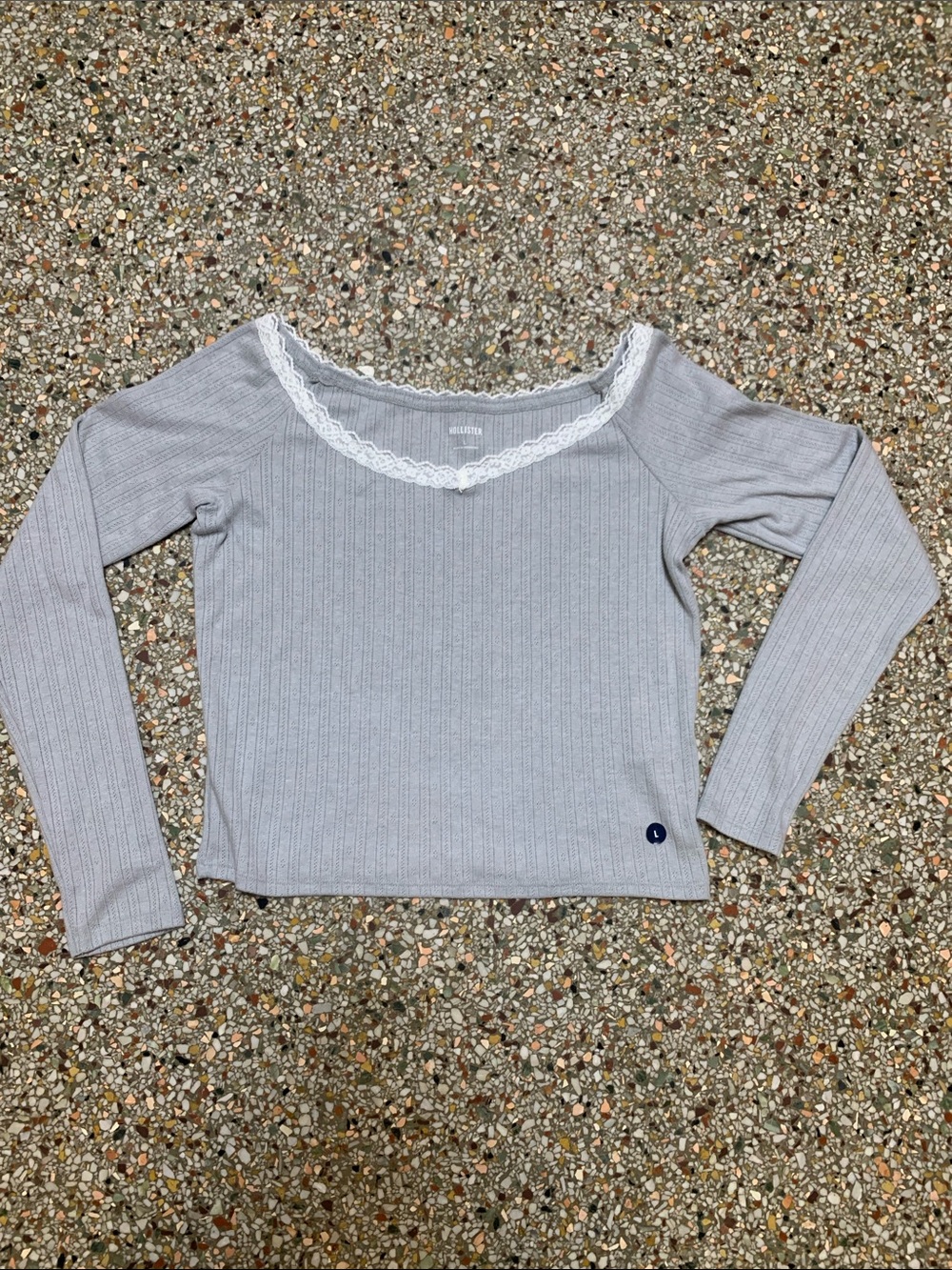 Hollister Light Gray Ribbed Long Sleeve Top with Lace Trim